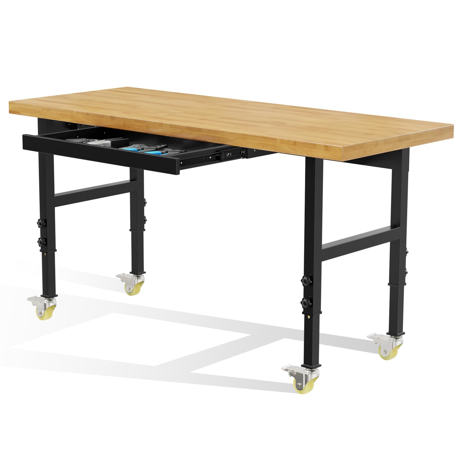 60" Heavy-Duty Solid Wood Work Bench Work Table with Wheels, Adjustable Height Portable Workbench with Power Outlets, 3000 Lbs Capacity Workstation for Garage, Workshop, Office, Shop, Outdoor