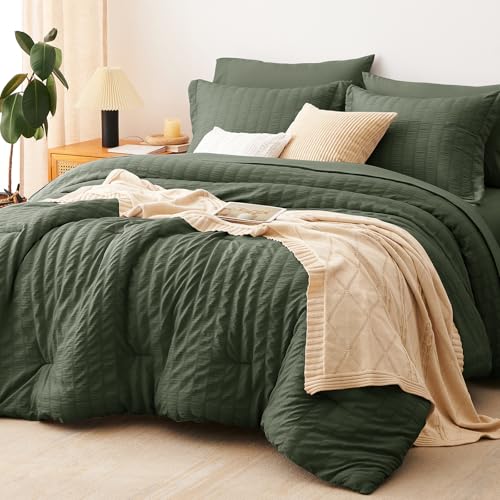 Image of CozyLux Full Size Comforter Sets Dark Green, 7 Pieces Seersucker Textured Luxury Bed in a Bag, All-Season Bedding Sets with Down Alternative Comforter, Sheets, Pillowcases & Shams, Bedroom Bed Set