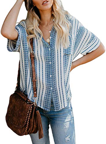 Biucly Women's Casual Stylish V Neck Button Down Floral Print Cuffed Sleeve Blouses Shirts Tops Pullover S-2XL