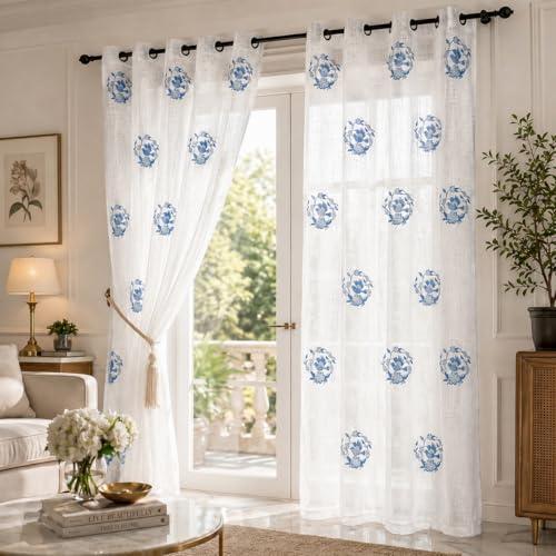 Image of LINENWALAS Decorative Cotton Linen Sheer Curtains 9 Feet for Long Door -Block Printed Door Curtain | Grommet Hanging Style Pack of 2 Panels |Light Filtering Sheer Drapes (Blue Crown Bird)
