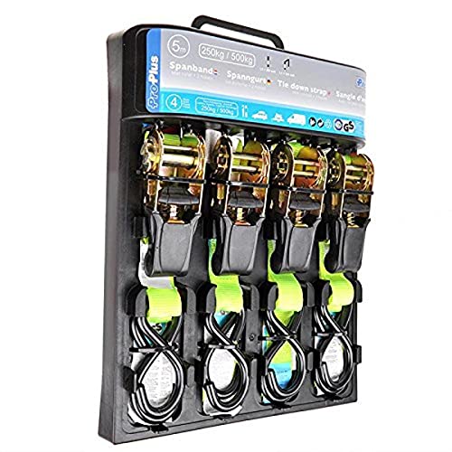 ProPlus 320205 Sangle d'Arrimage avec Tendeur à Cliquet et 2 Crochets, 5 m, Set de 4 Jaune/Noir