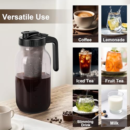 Image of Cold Brew Coffee Maker,Iced Coffee Maker, Mason Jar Pitcher with Stainless Steel Filter, Pour Spout Handle Lid, Heavy Duty Glass for Iced Coffee & Tea -64 Oz（2 Quart） Black