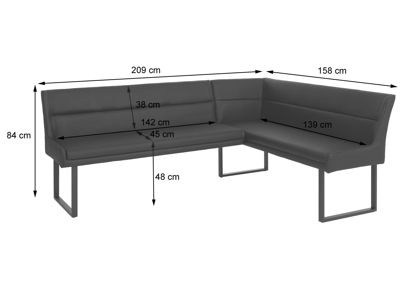 Eckbank HWC-O81, Esszimmerbank Bank, Kunstleder Metall 209x158cm - schwarz