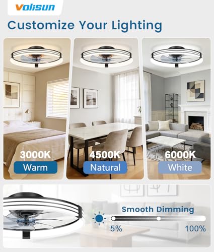 VOLISUN Low Profile Ceiling Fans with Lights and Remote, 20in Flush Mount Ceiling Fan with Light, 3000K-6500K Dimmable Fandelier LED Fan Light, Black Bladeless Ceiling Fans with Lights for Bedroom - image 2