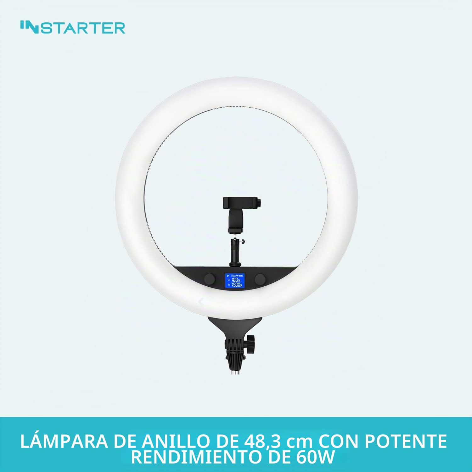 Anillo de luz LED con trípode y Soporte para Tablet y móvil - Control por App, 60W Regulable, luz para Streaming y móvil, Bi-Color de 3200-7500K, Incluye Cabezal Giratorio