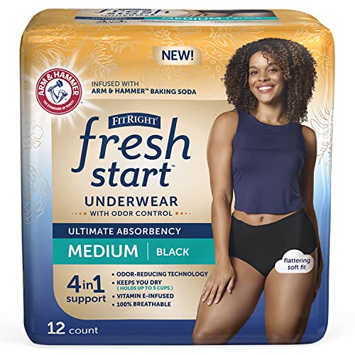 Image of FitRight Fresh Start Incontinence and Postpartum Underwear for Women, Medium, Black (12 Count) Ultimate Absorbency, Disposable Underwear with The Odor-Control Power of ARM & Hammer