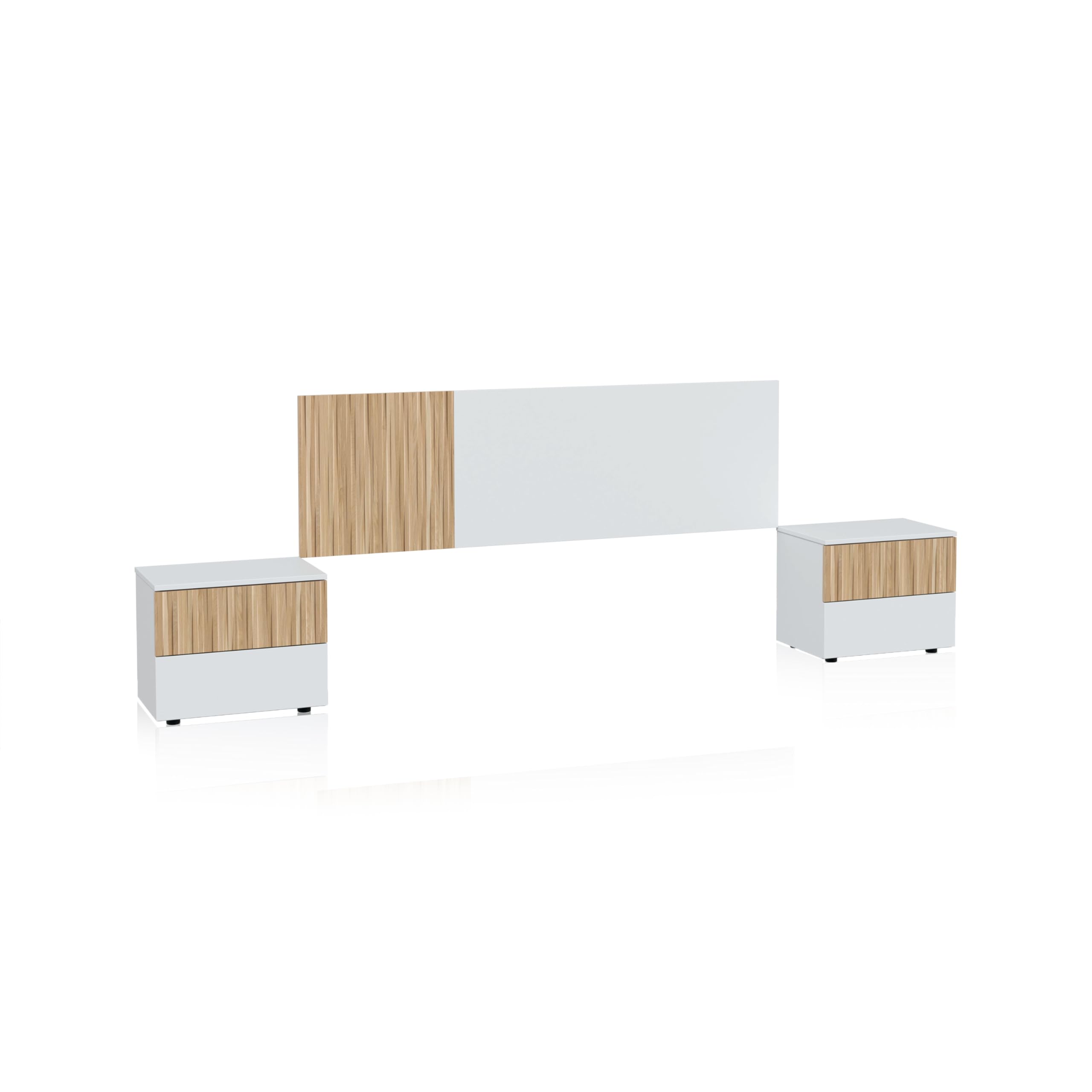 duehome | Pack Cabecero y 2 Mesitas de Noche, Dormitorio Doble, Dormitorio Completo, Modelo Nitza, Acabado en Blanco Artik y Natur