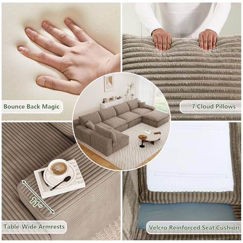 Image of 136 inch Cloud Couch Modular Sectional Sofa for Living Room, U-Shape Boneless Couch with Deep Seat, Modern Corduroy 5-Seater with Ottoman, No Assembly Required, Camel