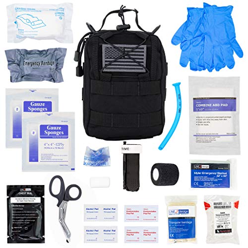 LINE2design Complete Survival Kit IFAK Bags - EMS EMT Emergency Response Fully Stocked Tactical Molle Bag - First Aid Medical Supplies -Trauma Pak Outdoor Gear EDC IFAK Pouch Stop Bleeding Kit - Black