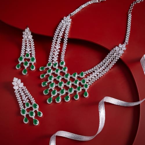 Image of KUSHAL'S Fashion Jewellery Green Rodium Polished Zircon Necklace Set With Adjustable Chain & Push Back Earrings| Best For Bride, Bridemaids & Special Occasion | Necklace set For Women - 434757