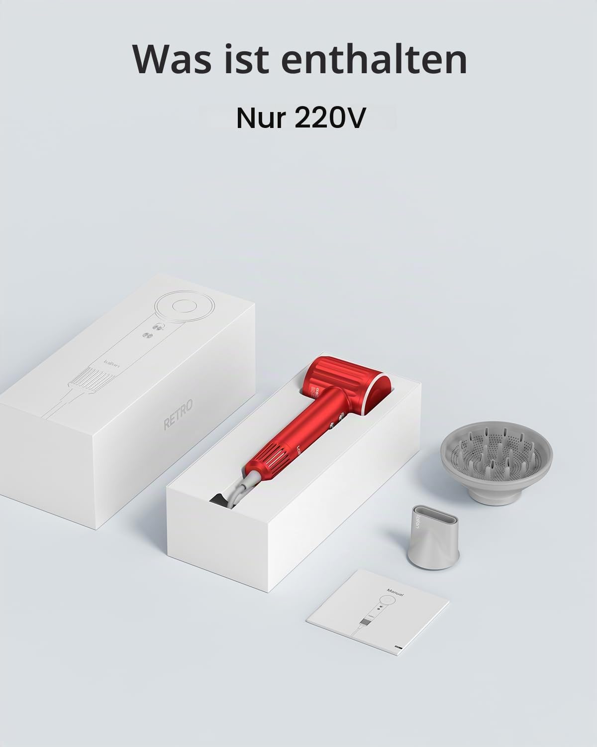 Laifen Haartrockner Retro-Serie 200 Million Negativ Ionen Föhn, Reisefön mit 110.000 U/min bürstenloser Motor für schnelles Trocknen, Hochgeschwindigkeit Fön geräuscharm mit Doppeldüse (Rot)