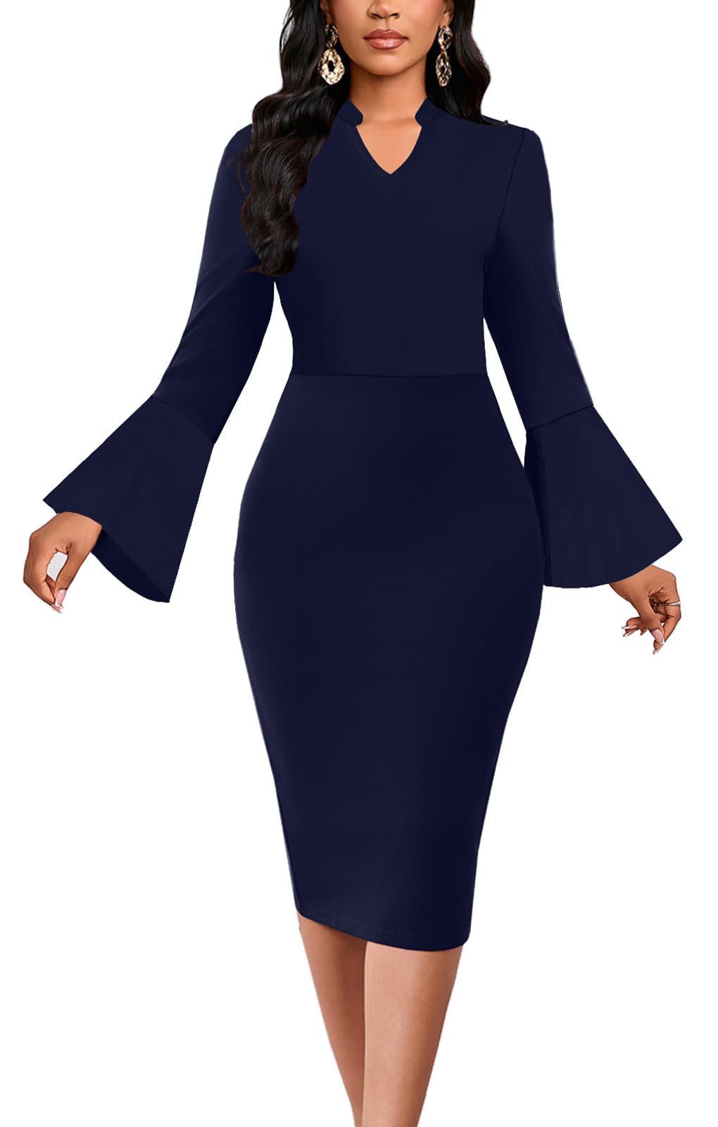 DinyIn Church Dress for Women Elegant Bell Sleeve Bodycon V Neck Business Wear to Work Classy Mid Pencil