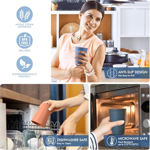 Image of Wheat Straw Drinking Glass Set of 4 | Unbreakable BPA Free Reusable Cups | Anti-Slip Lightweight Tumblers | Microwave & Dishwasher Safe | Multicolor Everyday Water Glasses