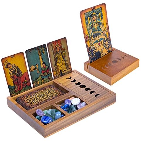 Curawood 2 Tarot Card Holder Stand, Engraved Moon, Crystal Tray with Moon Phase Cover Bundle Cover