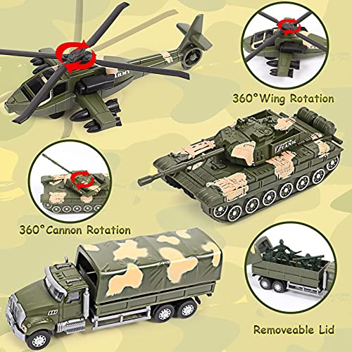 Die-Cast Military Vehicles Toy Set, 6 Pack Alloy Army Toys Playset With Army Men Action Figures, Tank, Panzer, Helicopter, Truck, Submarine For Kids Boys Toddlers #TOP2