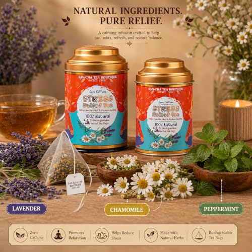 Image of Sancha Tea Boutique, Stress Relief Herbal Tisane, 25 Pyramid Bags x Pack of 2, Caffeine Free Infusion of Chamomile, Lavender & Mint, Calming & Relaxing Floral Blend