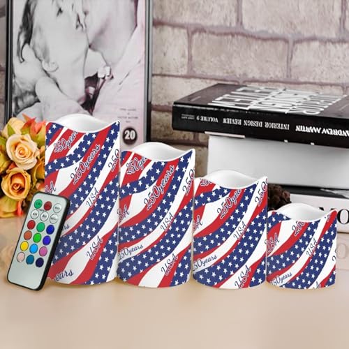 Image of 250 Years of America Pillar Led Candles Set of 4 Star Stripes Patriotic Candle Warmer Lamp Fourth of July Remote Control Candles Modern Decors for Indoor Outdoor Parties