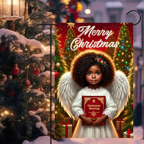 Image of BlissYard Christmas Garden Flag 12x18 Inch Angel Book Yard Decor | Double sided polyester, christmas angel blessing book design, faith inspired decor for holiday porch and yard