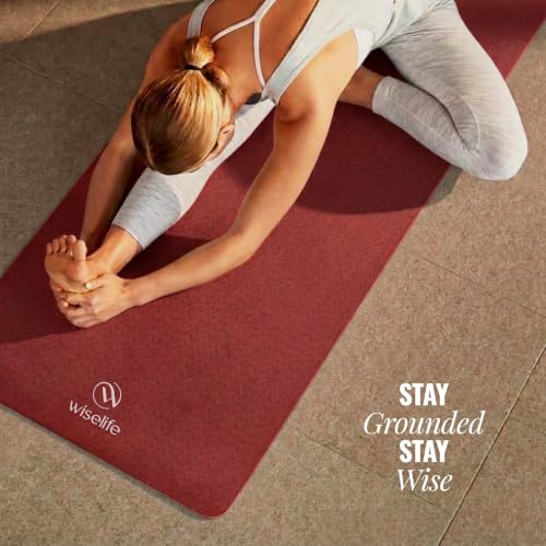 Image of WiseLife Classic Eco-TPE 10 MM Yoga Mat with Yoga Strap for Men & Women | Extra Thick, Long & Wide Non-Slip, Anti-Tear Exercise Mat for Home, Gym, Workout, Fitness, Yoga & Pilates (Maroon)