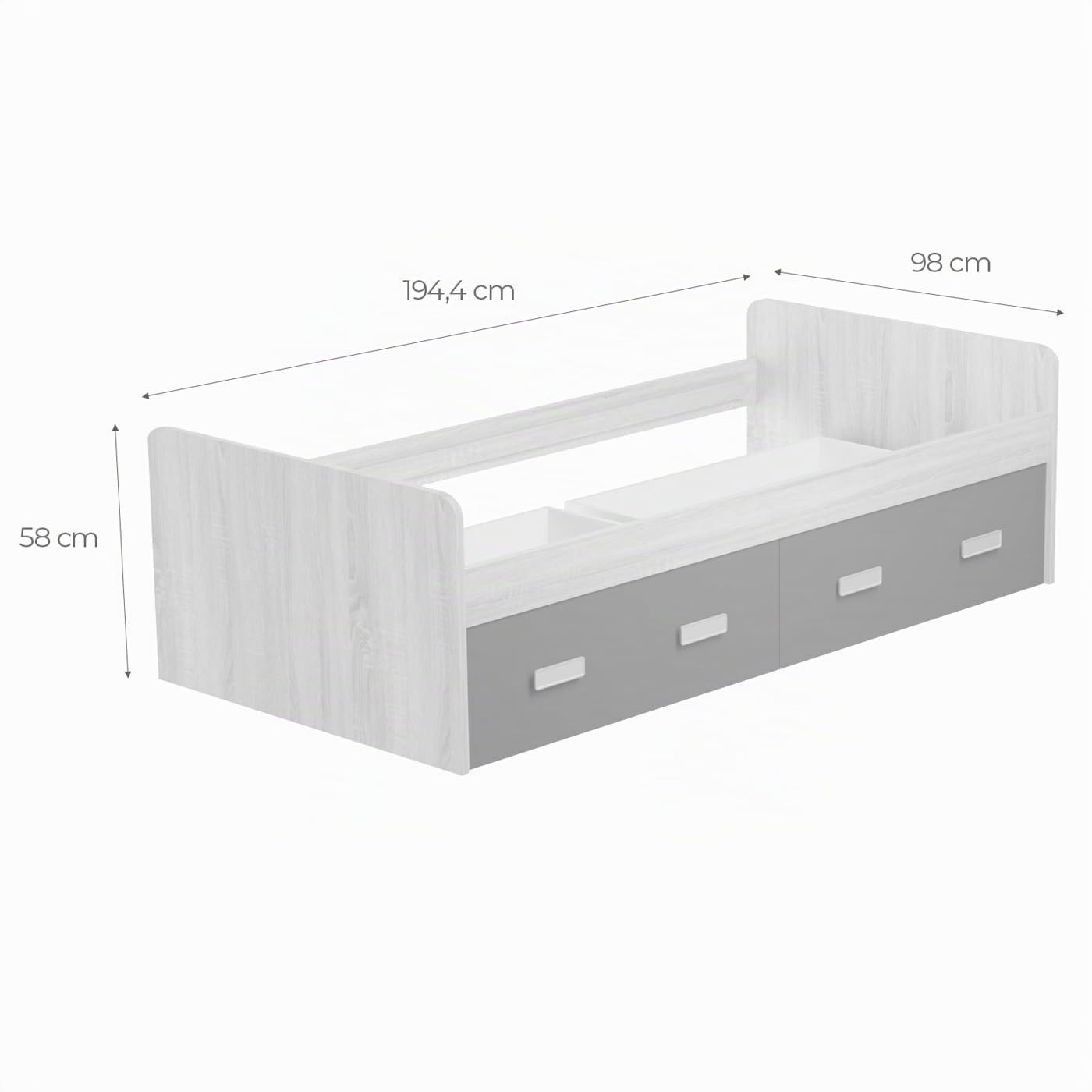 amuéblate online - Cama de Madera Reforzada con Dos cajones, Gran Estabilidad, Modelo Helsinki, Cama de 90x190, Color Puccini - Grafito