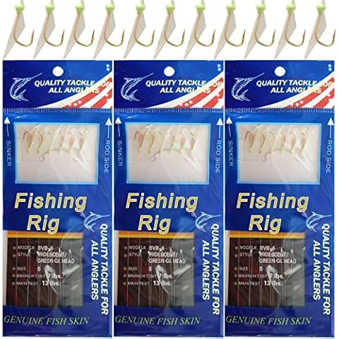 SILANON Fishing Rigs,12 Packs Real Fish Skin Sea Rigs Luminous Freshwater Saltwater Fishing Bait Rigs with Fish Skin/Feather Hooks Cover