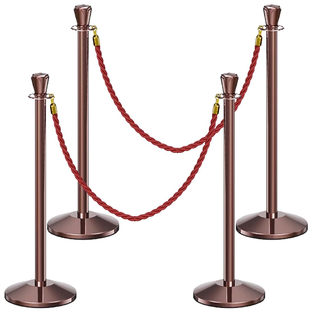 Aioneer Stainless Steel Stanchion Post Set 39.3" Crowd Control Barriers With 4.9Ft Ropes Durable Queue Poles For Events Commercial Grade Stanchions-Rose Gold-4 Pack