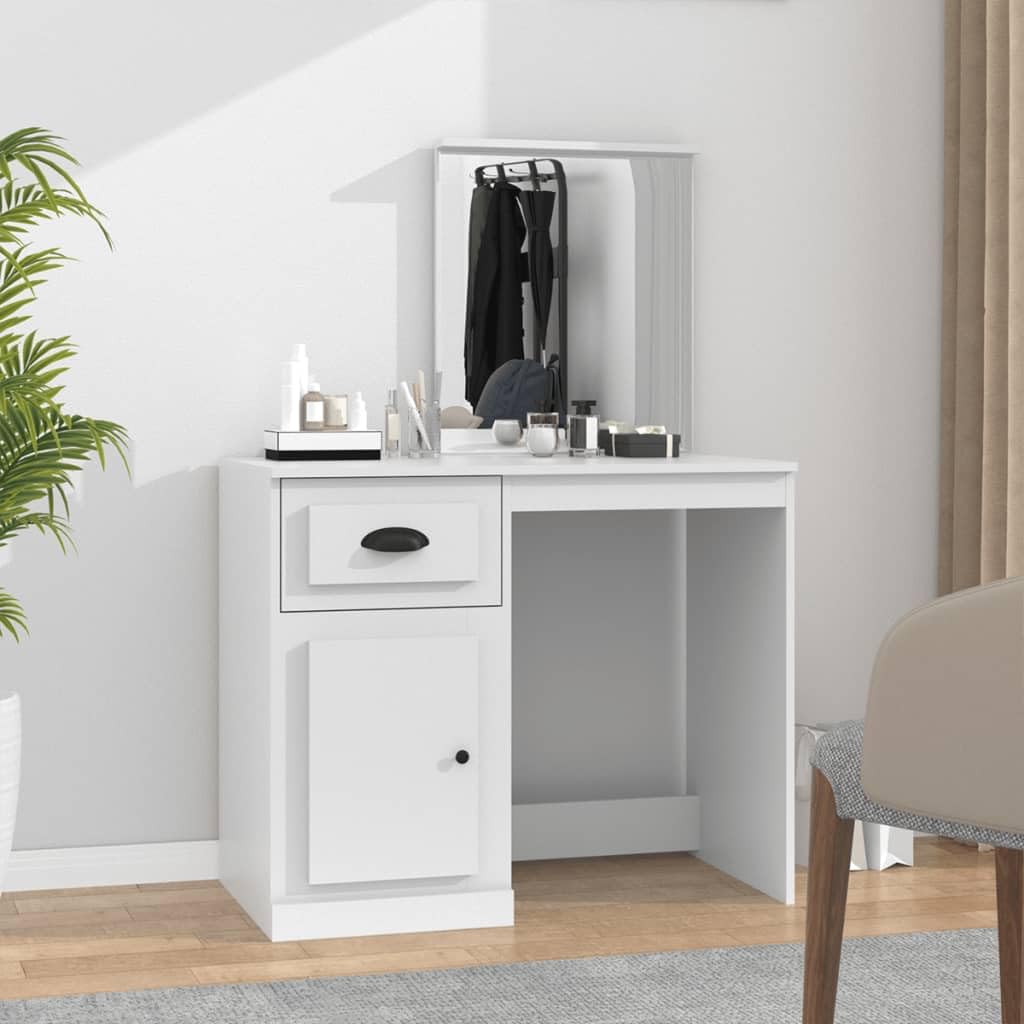 Tocador con espejo, color blanco, 90 x 50 x 132,5 cm, material de madera con cajón, taburete, iluminación LED y espacio de almacenamiento para dormitorio, habitación de niña, vestidor