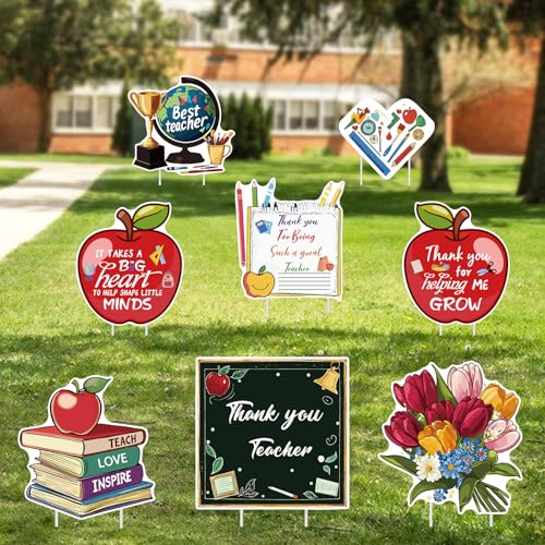 DECEED 8 PCS Teacher Appreciation Yard Signs with Stakes Thank You Teacher Outdoor Decorations Teachers Day Decor for Garden Lawn Indoor Home Decorations