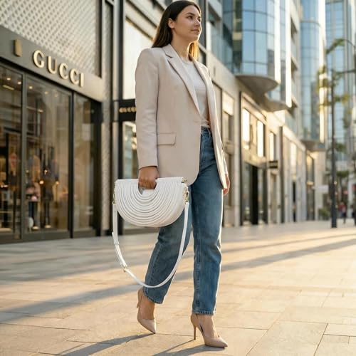 Image of Elegant Half Round Chinc Woven PU Leather Lou Top Handle Bag for Women Formal Evening Clutch Purses
