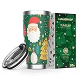 HAUSHOF 20oz Christmas Tumbler, Stainless Steel and Double Wall Insulated Travel Coffee Mug with Lid, Good Choice for Christsmas Gifts-Deep Green with Santa Claus
