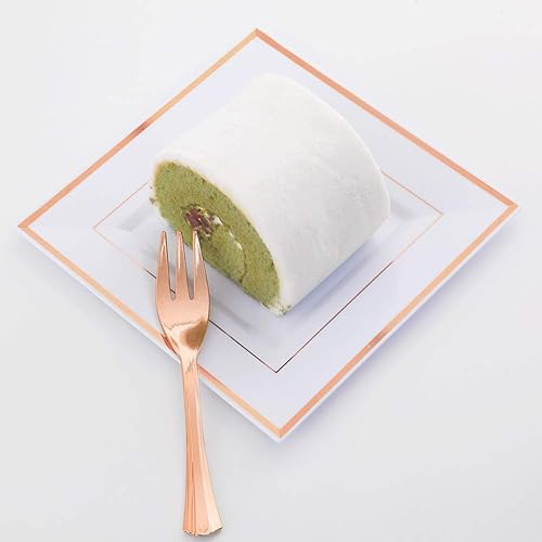Miniatura 9 de WDF 86 platos de postre de oro rosa de 6 pulgadas con 86 tenedores desechables de 5 pulgadas, elegantes platos cuadrados de plástico, platos de