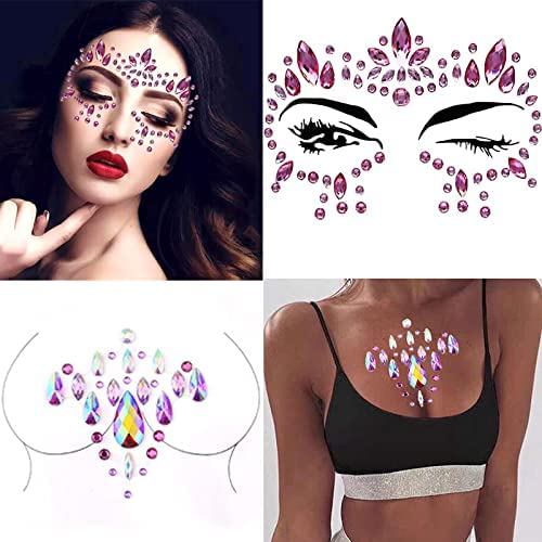 Miniatura 2 de Gemas de cara rosa de sirena con diamantes de imitación para la cara, tatuaje, calcomanías corporales rave, gemas de pecho para mujeres y niñas, 2