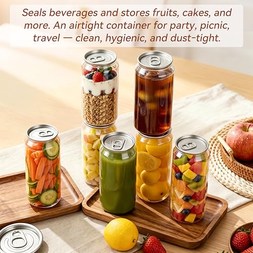 Image of 100-Pack Plastic Juice Bottles with Caps Empty Soda Cans with Aluminum Lids for Smothies, Boba, Beer - Only Compatible with Can Sealers (16.9oz /500ml)