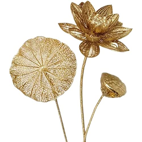 3 flores artificiales de loto dorado, hojas de loto espumosas, flores falsas de color oro de 18 quilates para decoración del hogar, interiores y exteriores, decoración de boda, sala de mesa