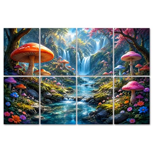 8 Pack Paneles Acústicos de Arte con Absorción de Sonido, Diseño de Bosque Fantasía con Hongos Gigantes Naranja y Rosa, Paneles Decorativos Autoadhesivos para Estudio de Grabación y Oficina 48"x32" miniatura 1