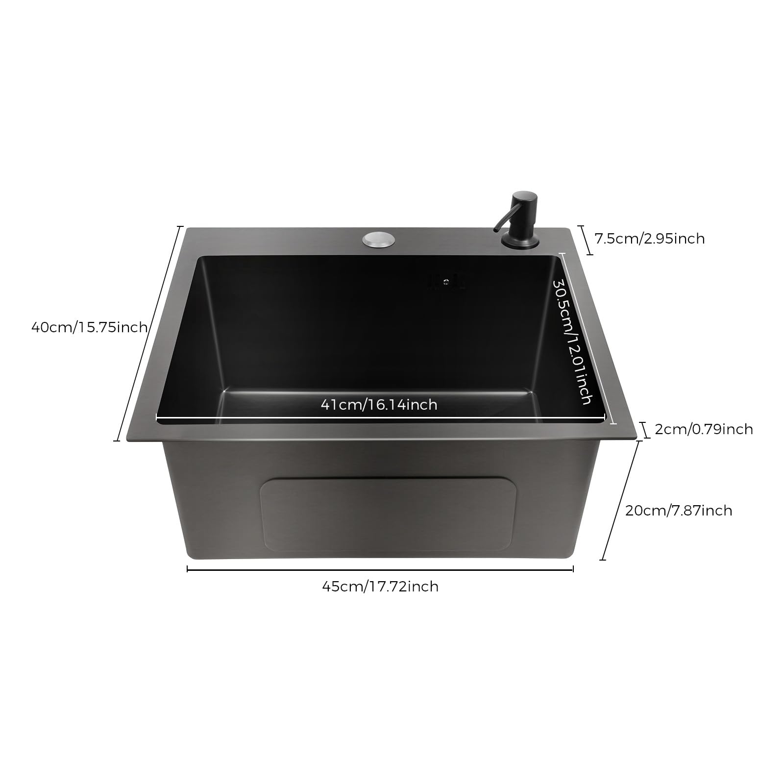Évier Cuisine 1 Bac 40×45cm, Évier Noir Evier de Cuisine En Granit Trous Pour Robinets et Distributeur de Savon et Panier Télescopique Évier Encastrable 201 Acier Inox Avec Kit de Vidage