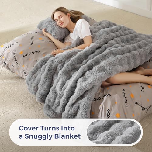 Image of MAXYOYO Giant Bean Bag Chair with Pillow, 3 in 1 Convertible Bean Bag Chair for Adults with Removable Cover, Floor Cushion Stuffed Floor Lounger for Living Room Bedroom, Bubble Grey