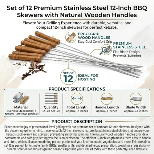 Image of Barbeque Skewers Sticks for BBQ Paneer Tikka Tandoori Chicken Seek Kabab12 pc Stainless Steel Sticks with Wooden Handle Barbecue Rods for Indoor Outdoor Parties