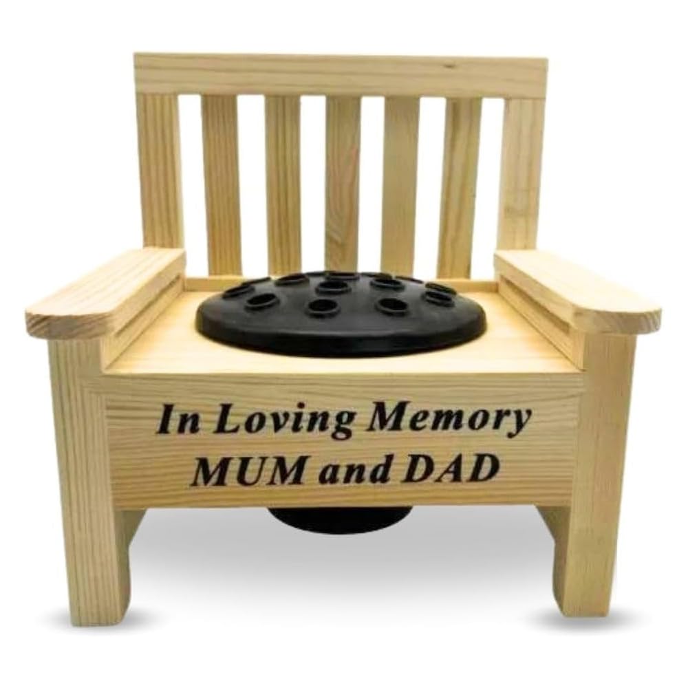 Memorial Wooden Bench with Flower Pot – Graveside Ornament with Black Plastic Insert Pot – Outdoor Cemetery Grave Decoration | Remembrance & Sympathy Tribute Gift (In Loving Memory - Mum and Dad)