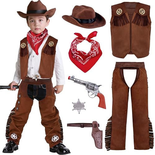 Spooktacular Creations Halloween Cowboy Hat Costume for Boys, Kids Brown Western Costume, Deluxe Boys Cowboy Outfit Set for Toddler Halloween RolePlay Themed Party (3T, 3-4 yrs)