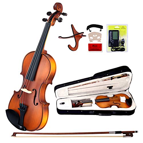 EASTROCK Violin Solidwood Ebony Fitted Violin for Kids with Big Violin Tuner,Hard Case,Violin Shoulder Rest,Rosin,Bow and Violin Stand(4/4 Full Size Violin)