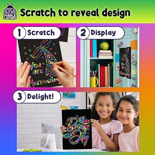 purple ladybug rainbow scratch art paper 79 pcs creative drawing paper amp stencils - arts and crafts for ages 4-12 kids craft activity set for halloween christmas gift birthday party games