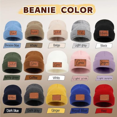 Personalized Baby Beanie with Name, Custom Leather Patch Toddler Winter Hat Baby Boys Girls Knit Warm Beanies Kids 6