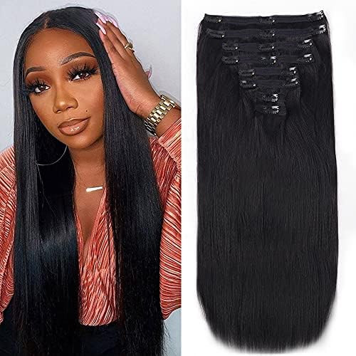 Straight Clip in Hair Extensions Real Human Hair Extensions for Black Women 8Pcs Remy Hair Extensions Clip in Human Hair with 18Clips Double Lace Weft 120g (20Inch, Natural Black)