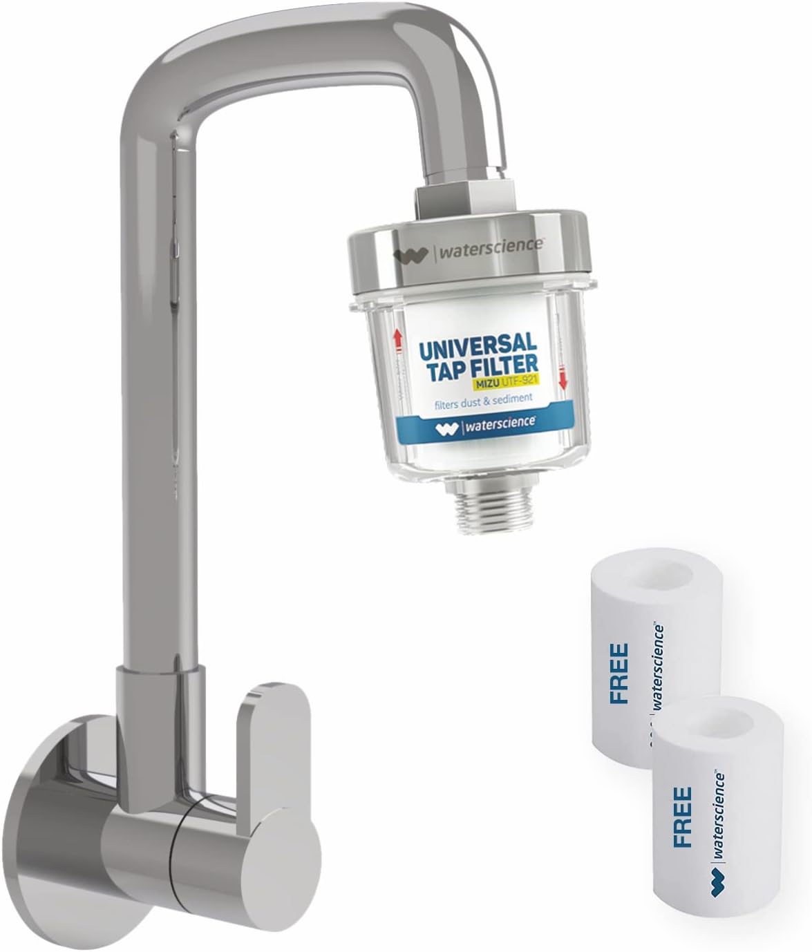 WaterScience MIZU Universal Tap Filter + 2 Replacement Cartridge for Mud, Sand & Sediments - Fits 22-24mm Taps - Ideal for Kitchen, Wash Basin Taps (Tap Not Included) Mizu UTF-921
