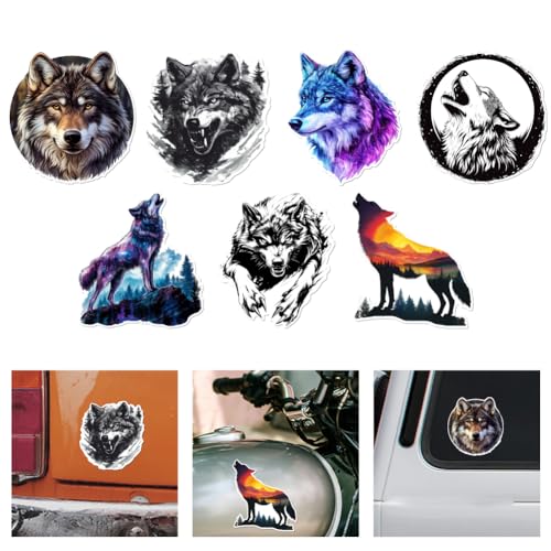 WADORN 7 autocollant en Vinyle Motif Loup Sauvage pour Voiture, Auto Autocollant en Vinyle Réfléchissant et Imperméable Motif Loup Montagne Forêt pour...
