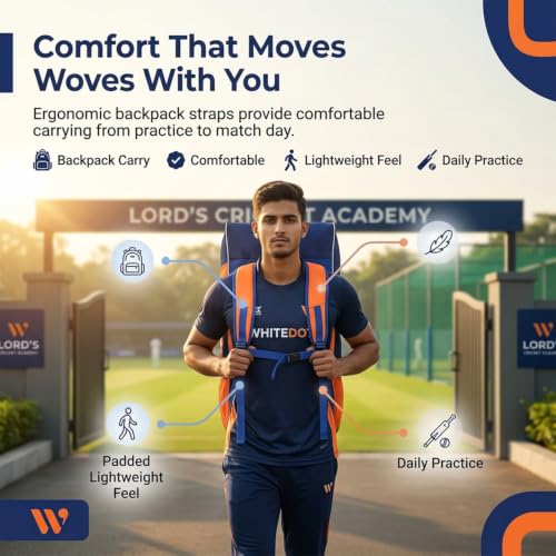 Image of WHITEDOT SPORTS Teal Cricket Kitbag - Navy Blue & Orange | Large Capacity Backpack Duffle with Separate Bat Pocket | Stylish & Durable Cricket Equipment Bag for All Players