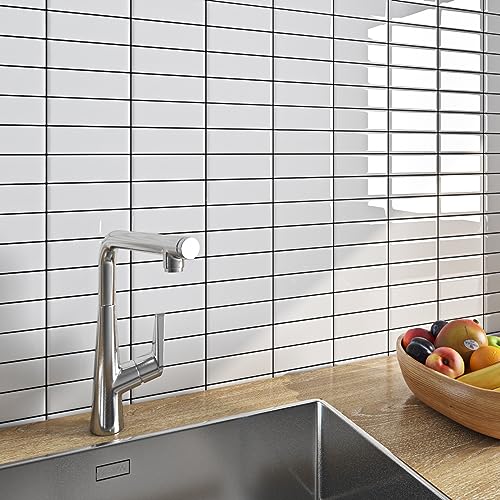 FunStick Azulejos Adhesivos Cocina Blanco Rectangular Vinilo Adhesivo Pared Baldosas Baño Impermeable 30x30CM 15 Baldosas Adhesivas 3D Blanco Papel de Pared Azulejos Adhesivos Baño Losetas Vinilo