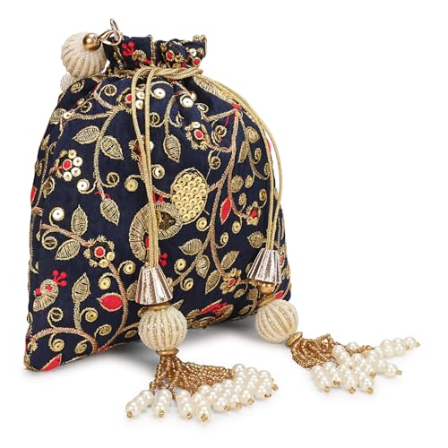 Image of LONGING TO BUY Indian Embroidered Pearl Potli Bag For Women, Sequence Design with Tassel, Wedding Potli Bags