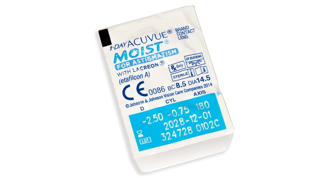 ACUVUE 1-DAY Acuvue MOIST for ASTIGMATISM - Lenti a contatto giornaliere; protezione UV;-4.50 diottrie; Cilindro -1.25 ; Asse 150 ; BC 8.5; DIA 14.50; 30 lenti